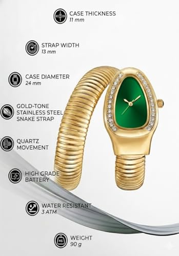 Image of Serpentine Snake Watch for Woman with Spiral Bracelet, Green Dial Watch for Woman with Quartz, Stylish Analog Waterproof Serpenti Watches Women
