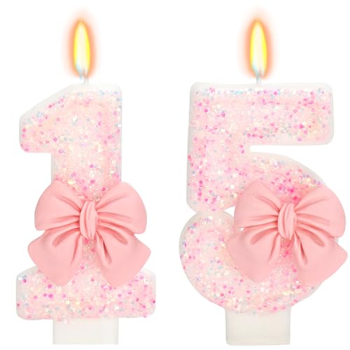 ElekFX Number 15 Pink Bow Birthday Candle, 3" Tall, Smokeless & Non-Toxic, 2 Pack