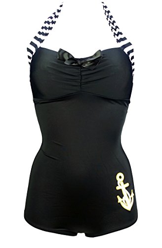 COCOSHIP Women's 50s Retro Navy Blue Nautical One Piece Maillot Anchors Away Swimsuit(FBA)