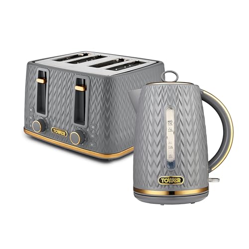 Image of Tower Empire Kitchen Set, 1.7L Rapid Boil Kettle and 4 Slice Toaster, Grey with Brass Accents, T20061GRY & T10052GRY