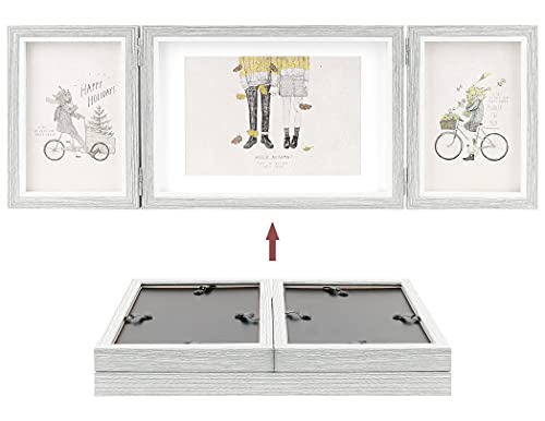 Three Picture Frame 4X6 And 5X7 Wooden Hinged Folding Photo Frame Definition Glass Stand Vertically On Desktop Or Tabletop，Grey #TOP6