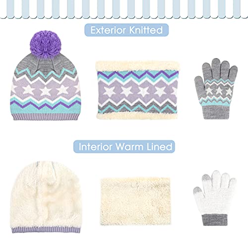Image of Kids Toddlers Winter Hats Knit Warm Beanie Scarf Gloves Set for Boys Girls Age 2-7, Pompom Cap Neck Warmer Fleece Lined Gifts
