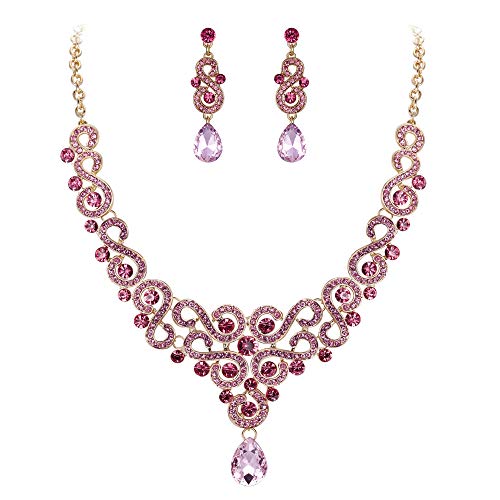 EVER FAITH Women's Crystal Elegant Bridal Floral S-Shaped Drop Necklace Earrings Set Pink Gold-Tone