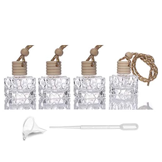 4 Pack,10ml(0.33 Fl Oz) Car Air Freshener Diffuser,Refillable Essential Oil Pendant Perfume Aromatherapy Vials,Thick Square Clear Glass Container With Wooden Caps & Hanging String,FREE Funnel,Dropper