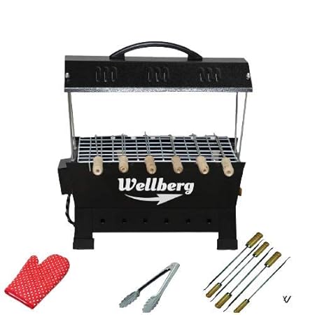 Wellberg 2-in-1 Multi Purpose Electric & Charcoal Brbeque Grill & Tandoor with 4 Skewers Wooden Handle Electric Grill