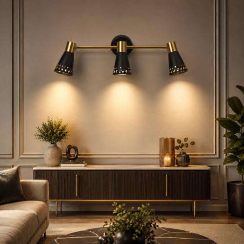 Image of TRIPPING 9 Watt Adjustable COB 3-Head LED Mirror Light with 3-in-1 Light Color (Warm White, Natural White, White), Black & Gold Metal Spotlight Wall Lamp for Dressing Table, (43 x 15 x 9 cm)
