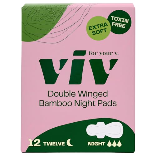 Viv for Your V Bamboo Overnight Pads | Menstrual Pads for Period & Leak Protection with Double Wings | Soft, Light, & Super Absorbent | Earth-Friendly, Free of Dye, Fragrance, & BPAs | 12 Pack