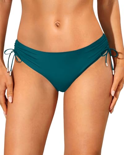 Talisea Womens Full Coverage Bikini Bottoms - Low Rise Bathing Suit Swim Bottom Side Tie Ruched Swimsuits Swimwear, Teal, Medium