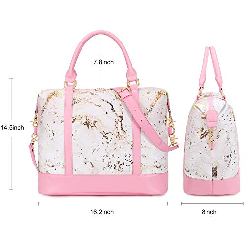 Women Ladies Weekender Carry-on Tote Bag Overnight Duffel in Trolley Handle (B-Pink Marble)
