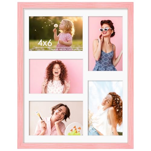 Image of DUENPY 11x14 Collage Picture Frame 4x6 Collage Picture Frame Displays Five 4x6 inch Photos or 11x14 (Without Mat) Wall Decor Wall Hanging or Tabletop Pink