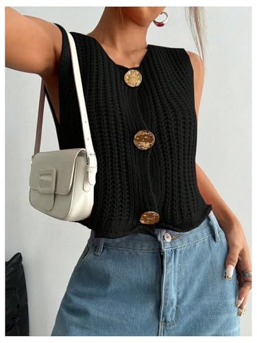 GORGLITTER Women's Button Up Cropped Cardigan Sleeveless Sweater Vest Crochet Boho Tops Dressy Casual4