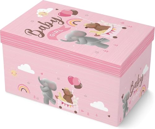 Caja de recuerdos rosa bebé con tapa ideal para cumpleaños, Navidad, bautizo y baby shower, cesta de regalo para bebé niña, 34 x 23 x 14 cm