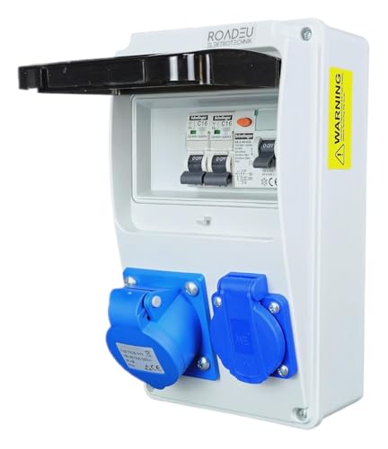 RoadEu - Stromverteiler 230V. Einphasig CEE 16A 3P Steckdose und Schuko Steckdose mit Sicherungsautomat 16A. Steckdosenverteiler 16A mit FI Schalter. Steckdosen integriert mit Sicherungskasten.