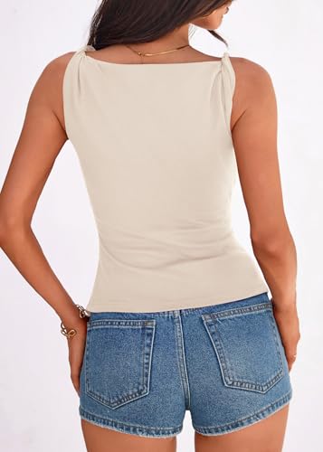 KIRUNDO Asymmetrical Tops for Women Summer Sleeveless Twist Straps Slim Fit Y2K Ruched Tank Shirts Going Out Top Resort Wear(Beige, Small) — view 2
