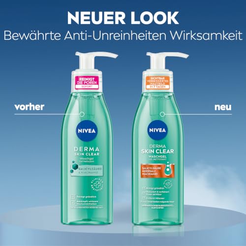 NIVEA Derma Skin Clear Waschgel, Cleanser für ein sichtbar verbessertes Hautbild, effektive Gesichtsreinigung für unreine Haut mit Salicylsäure & Niacinamid (150 ml)