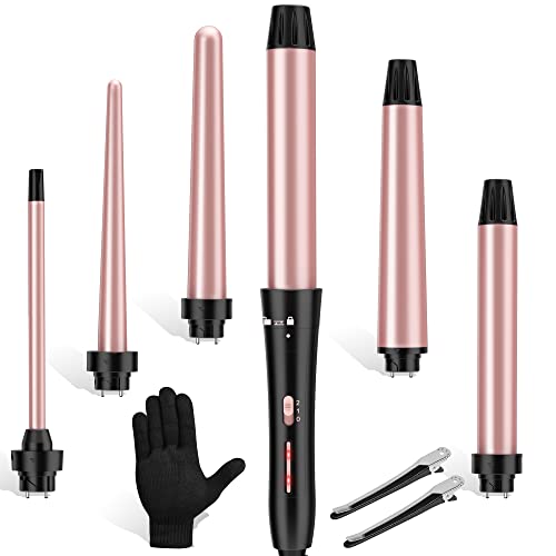 Image of Curling Iron Set, USHOW Curling Wand Set Hair Iron Kit Instant Heat Up Hair Curler with Interchangeable Tourmaline Ceramic Barrels (0.35'' to 1.25'') Temperature Adjustments, with Gloves