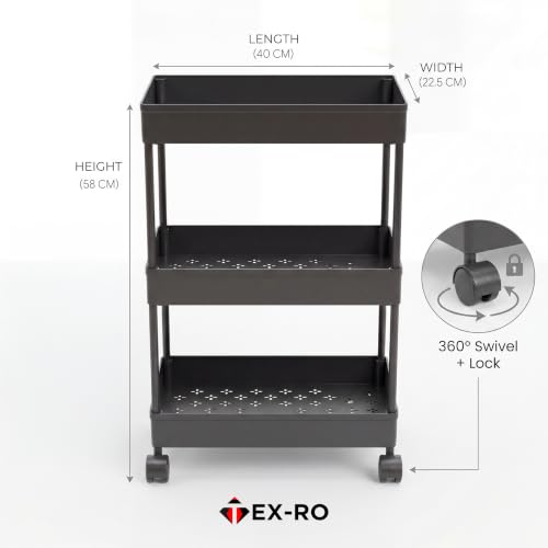 Image of TEX-RO Plastic Storage Rack for Bedroom | Shelf for Bedroom | Bathroom Storage Rack | Trolley for Kitchen Storage | Multipurpose Storage Rack (Black, 3 Layer)