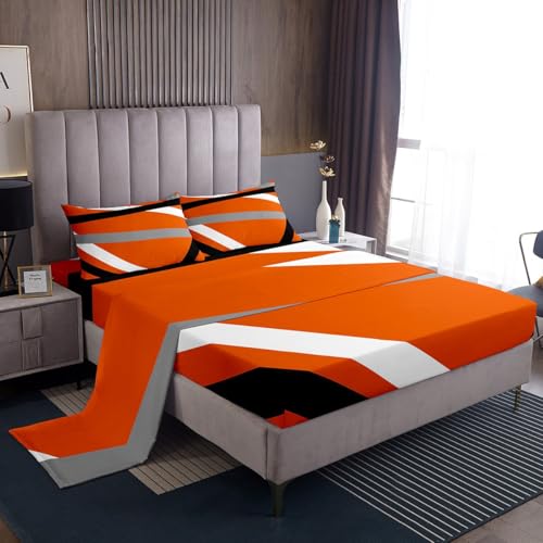 Erosebridal Orange Gray Black Striped King Bed Sheets Modern Abstract Sheets Geometric Lines Flat Fitted Sheet Aesthetic Boho Bed Sets