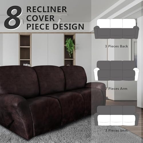 Image of molasofa Recliner Sofa Covers - 8 Pieces Stretch Leather Like Large Couch Covers for 3 Seats Reclining Slipcovers (Chocolate)