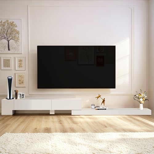 TuckTect Retractable TV Stand, Solid Wood Minimalist TV Shelf, Mid-Century TV Console with 1 Door & 2 Drawers, Adjustable 71'' to 122'' Entertainment Media Console Center Large Storage Under TV by TuckTect - Image 8