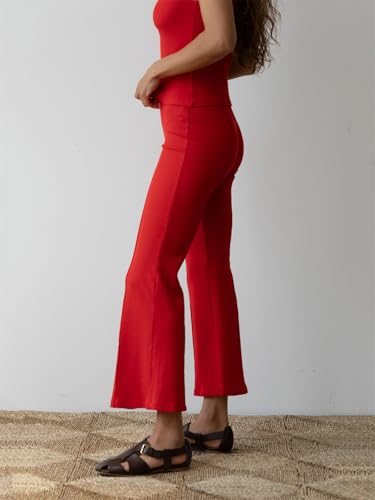 Mylleure Women Ribbed Knit Flared Pants Y2k High Waist Bell Bottom Capris Elastic Elevated Seams Bootcut Trousers Streetwear3