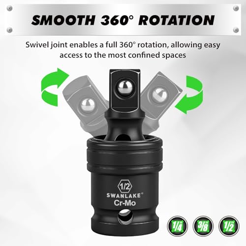 Image of SWANLAKE GARDEN TOOLS 7-Piece Impact Swivel Socket Adapter Set, 1 /4 inch 3 /8 inch 1 /2 inch Drive Universal Joint Socket Set CR-MO Steel, Wobble Joint Sockets Reducer with Magnetic Aluminum Sockets Rail