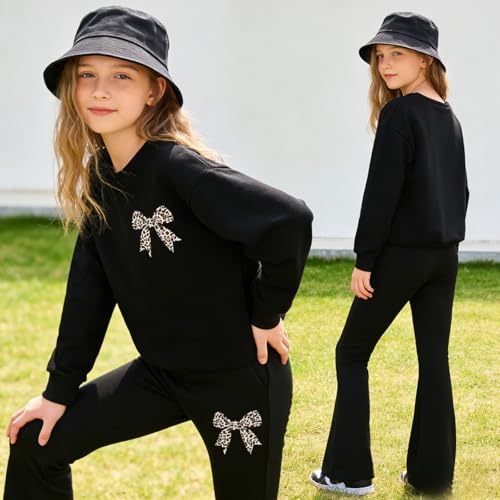 Image of Tween Girls Clothes Long Sleeve Graphic Sweatshirt Top + Bow Knot Pants 2 Piece Outfit Set, Size 7-16Years