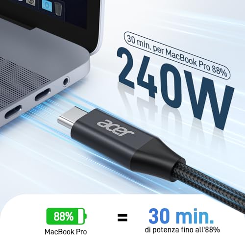 acer Cavo USB C 240W 3m, Cavo USB C a USB C Carica rapida, Caricatore Tipo C Nylon Braided Compatibile con iPhone 17 16 Samsung S23 Ultra iPad Air MacBook Pro Google Pixel 7 ecc. - Immagine 1