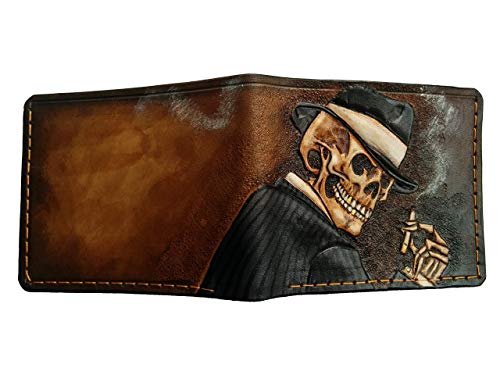 Gangster, Cigarette, Smoking Skull, Skeleton, Men's 3D Genuine Leather Wallet, Handmade Wallet, Carved Wallet, Tooled Wallet, Airbrush Art, Bifold Wallet, Custom Wallet, Personalized Wallet #TOP1