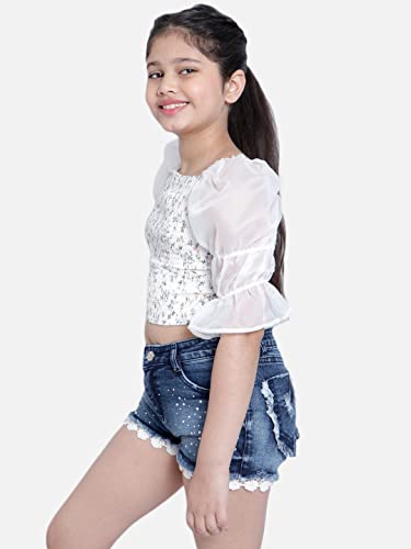 Image of Natilene White Floral Print Square-Neck Ruched Cropped Blouson Top with Short Bishop Sleeves for Girls