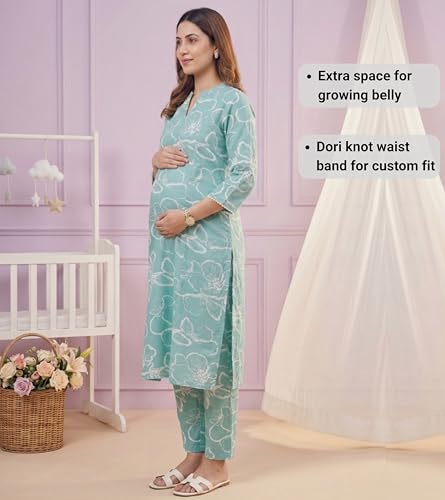 Image of DUMMY SHAPE Feeding Kurtis for Women Cotton Blend | Floral Kurta Pant Dupatta Set with Nursing Zippers to Pre & Post Partum | Maternity Dresses | Mom to Be Gifts for Pregnant Woman