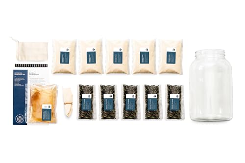 Kombucha Starter Kit - Organic Kombucha SCOBY & Strong Starter Liquid. Make Delicious Kombucha at Home with our USA Made 1 Gallon Glass Brew Jar, Temp Gauge and Custom Tea Blend (Tea and Sugar)