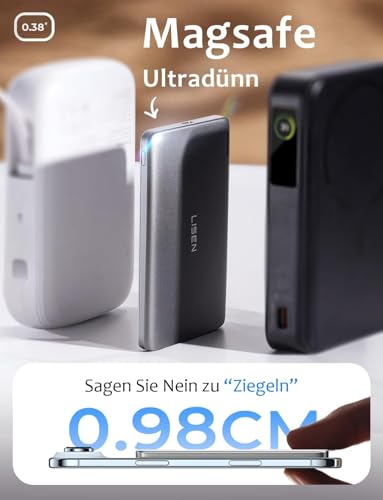 LISEN Magnetische Powerbank für MagSafe Slim, 5000mAh Ultraleicht 106g Kabellose Schnellladung 22.5W USB-C, Wireless Powerbank iPhone, Induktives Laden, Handy-Akkuhüllen für iPhone 17e Pro Max Xiaomi