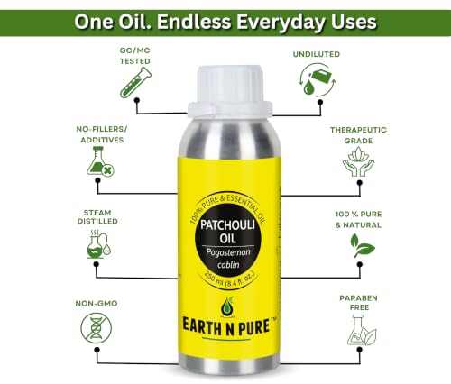 Image of Earth N Pure Patchouli Essential Oil | 100% Pure & Natural | Undiluted | For Diffuser, Aromatherapy, Skincare, Hair Care & Perfume Making | Deep Earthy Aroma | 250ml