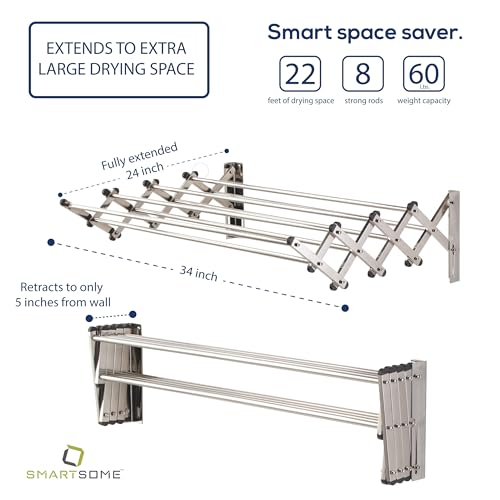 Smartsome-Space-Saver-Fold-Away-Racks-Stainless-Steel-Wall-Mounted-Laundry-Drying-Rack-Easy-to-Install-8-Rods-Each-34-Long-Total-225-Linear-Ft-60-lb-Capacity-for-IndoorOutdoor-Use Smartsome Space Saver Fold Away Racks Stainless Steel Wall Mounted Laundry Drying Rack Easy to Install 8 Rods Each 34 Long Total 225 Linear Ft 60 lb Capacity for IndoorOutdoor Use