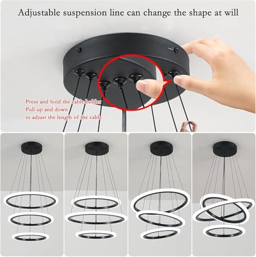 Image of Manraj Modern LED Chandelier, Acrylic 3-Ring Design, Ring Flush Mount Chandelier with Adjustable Hanging Cord Pendant Light Fixture, for Dining Living Room Bedroom (Black)