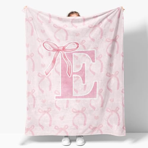 Image of JKMBN Coquette Pink Bow Throw Blanket,Personalized Initial E Soft Fluffy Cozy Flannel Blanket,Monogrammed Gifts for Daughter Women Teen Girls,Customized Blanket for Bedding Bedroom Office,50x60 Inches