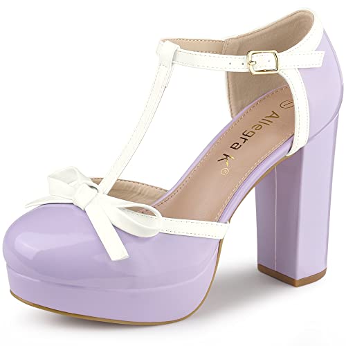 Allegra K Allegra K Women's Platform Bow T Strap Chunky Heels Purple Pumps 8 M US