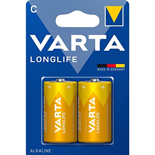 VARTA Pilas C Baby, paquete de 2, Longlife, Alcalinas, 1,5V, aptas para mandos a distancia, despertadores, radios, relojes de pared, Made in Germany