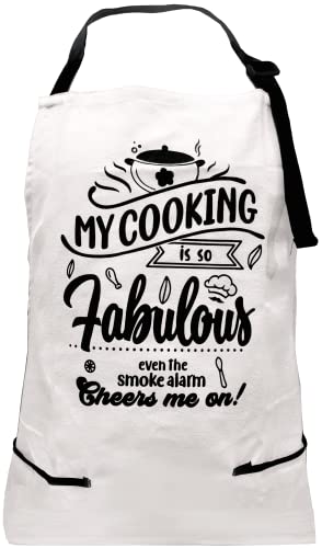 MY COOKING IS SO FABULOUS EVEN THE SMOKE ALARM CHEERS ME ON -100% Cotton Thick White Apron with 2 Tone Black Pockets - Adjustable Strap - Unisex - Great for Outdoor/Indoor Cooking - Perfect Funny Gift