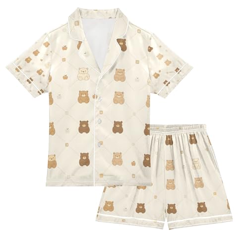 senya Pattern Bear Pattern Satin Summer Pajama Sets Silk Short Sleeve Button Down Sleepwear