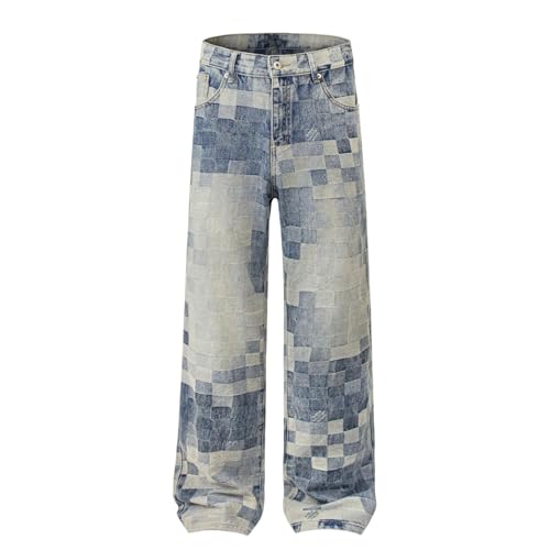Jeans Pants Trousers Denim Retro Trendy Street Washed Blue Checkered Straight Leg Personalized for Men
