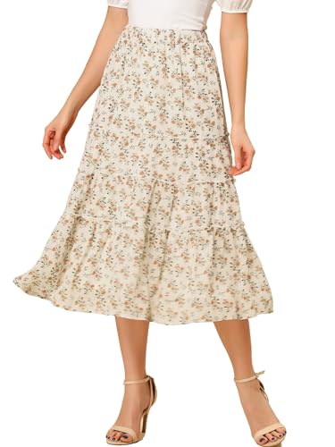 Allegra K Women's Floral Skirt Chiffon A-line Long Tiered Ruffle Boho Summer Midi Skirts X-Small White A