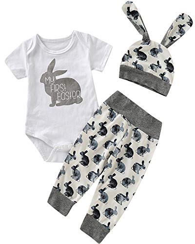 Shalofer Baby Boys Girls Infant My First Easter Bunny Print Bodysuit Rabbit Romper (Gray, 0-3 Months)