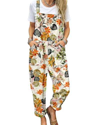 Image of YESNO Women's Overalls Cotton Boho Casual Floral Bib Jumpsuit Baggy Adjustable Strap Romper with Pockets PVV