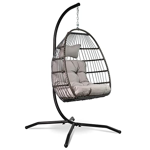 VITA5 Hängesessel mit Gestell - Bequemer Hängekorb Sessel - Rattan Hängesessel Outdoor und Indoor - Boho Egg Schaukel für Terrasse&Leseecke - 150 kg Tragkraft (Grau) 1