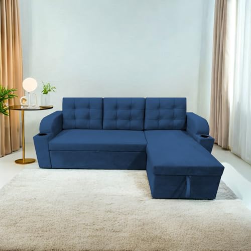 Image of Casaliving Grance RHS 4 Seater Corner Sofa Cum Bed for Living Room with Storage (Blue Fabric) Premium Fabric Sofa