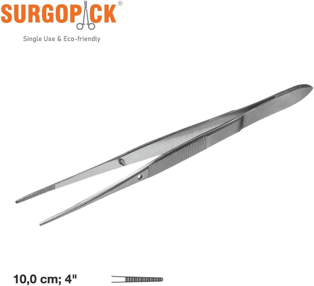 Box 50 Surgopack® Sterile Single Use Iris Dressing Tissue Short Delicate Fishing Forceps Non-Toothed Straight Serrated Tips 10cm, 3.9inches Lab Tweezers Individually Packed Disposable