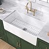 TUKTUK White Farmhouse Sink 33 inch Fireclay Apron Front Single Bowl Kitchen Sink Deep Drop In Farm Sink Undermount with Custom Bottom Grid & Strainer Drain