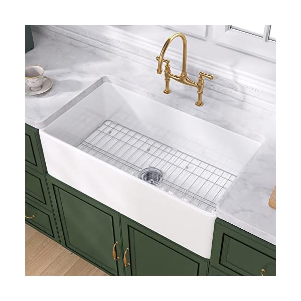 TUKTUK White Farmhouse Sink 33 inch Fireclay Apron Front Single Bowl Kitchen Sink Deep Drop In Farm Sink Undermount with Custom Bottom Grid & Strainer Drain